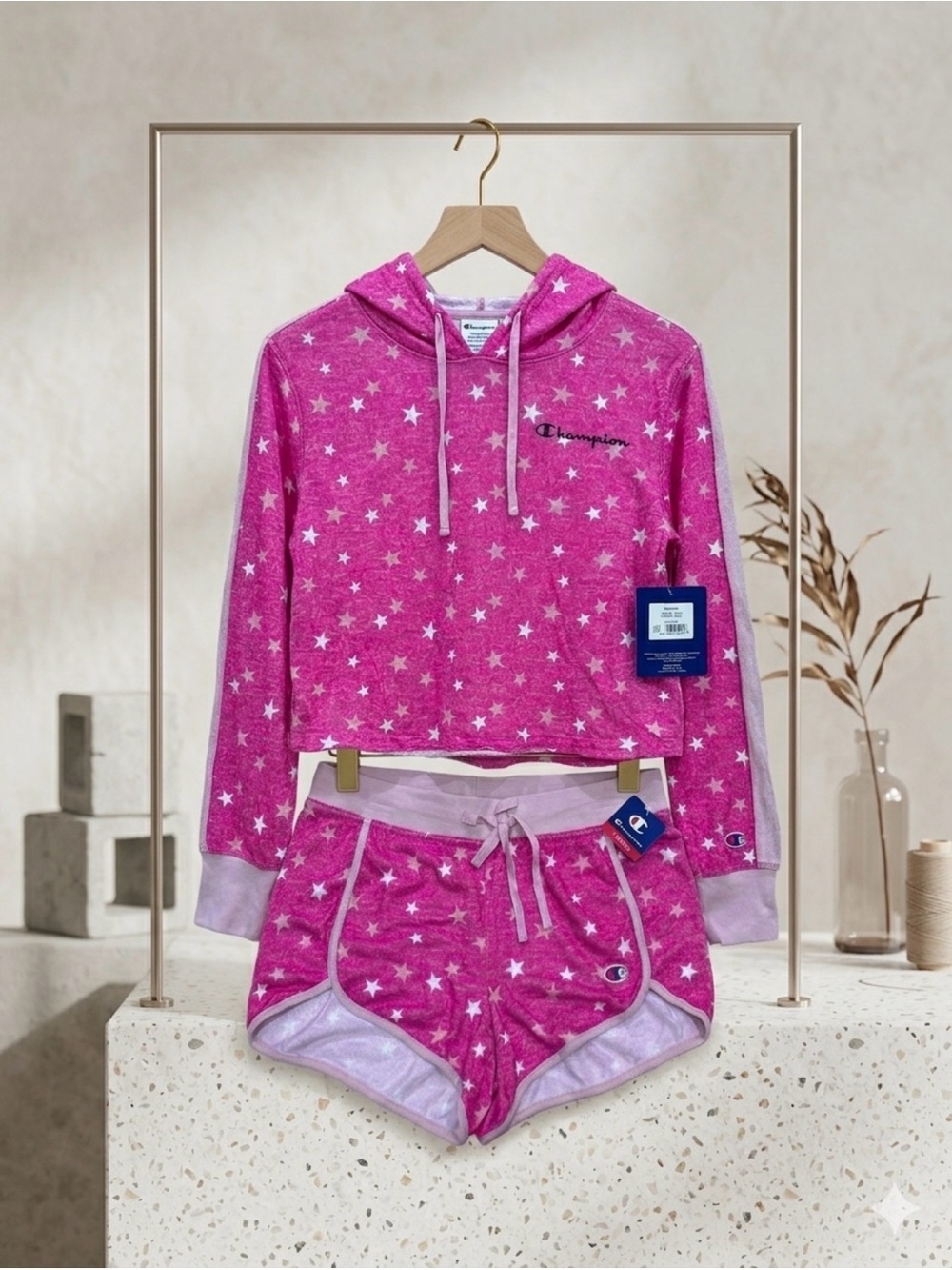 Champion Pink Star Crop Hoodie & Shorts Loungewear Set - Medium